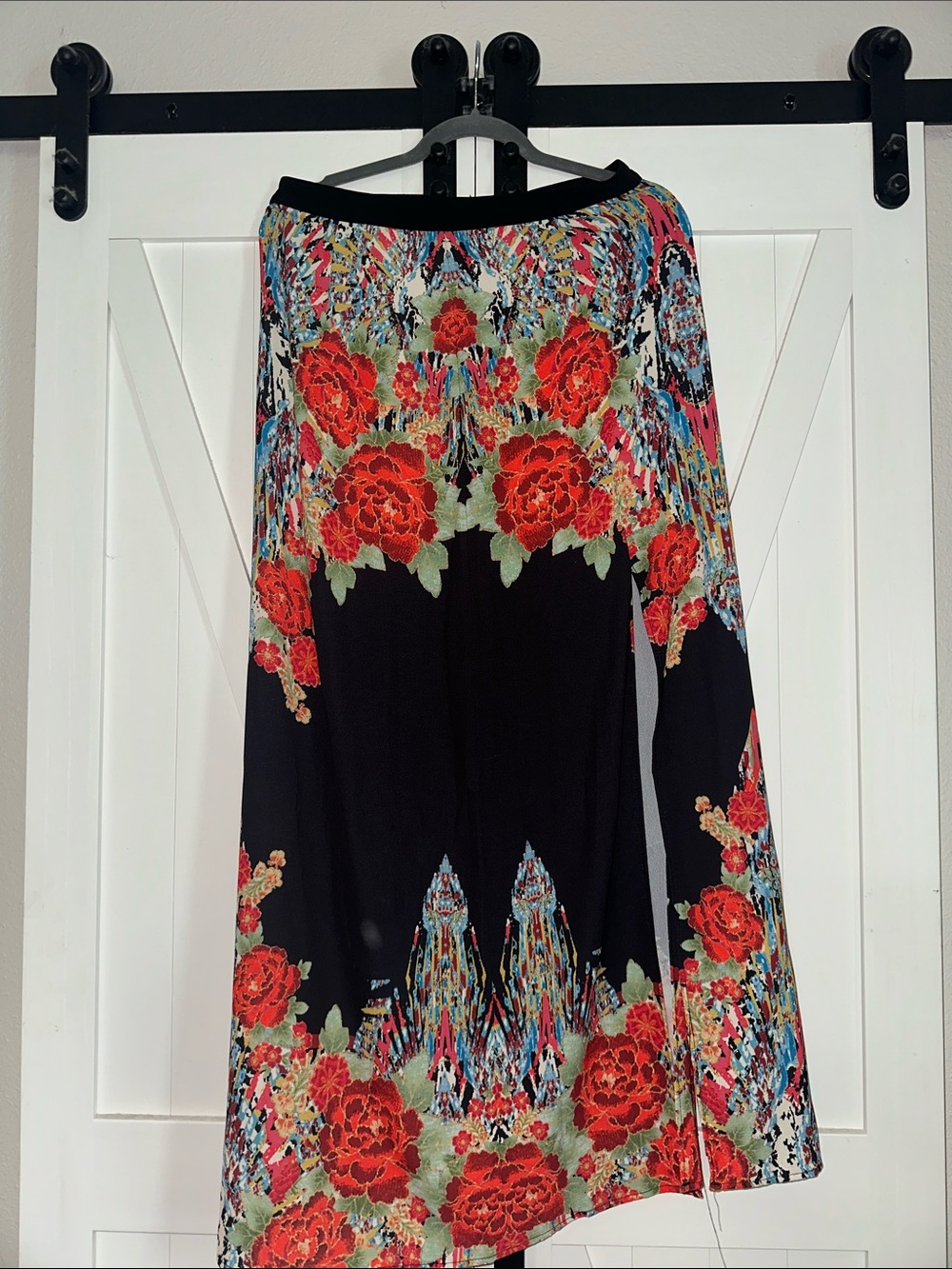 Black High-Low Skirt with Red Floral Print